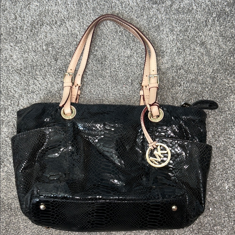 Michael Kors Black Textured Shoulder Bag with Tan Handles